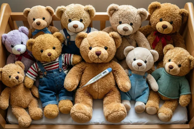 Een groep teddyberen zit in een houten speelgoedbed rond een beer die een thermometer vasthoudt, in warm licht met bruine, beige en blauwe tinten.