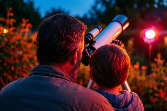Een vader en kind kijken van achteren gezien door een telescoop in een nachtelijke tuin, met warm rood-oranje lamplicht tegen een donkerblauwe hemel.