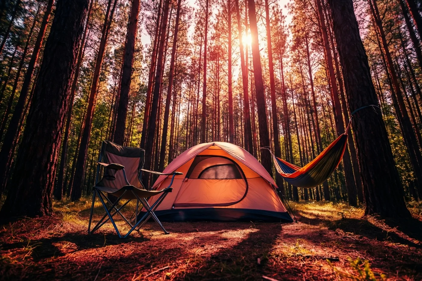 Een tent, een kampeerstoel en een hangmat staan in een dennenbos waar goudkleurig zonlicht tussen de hoge bomen valt.