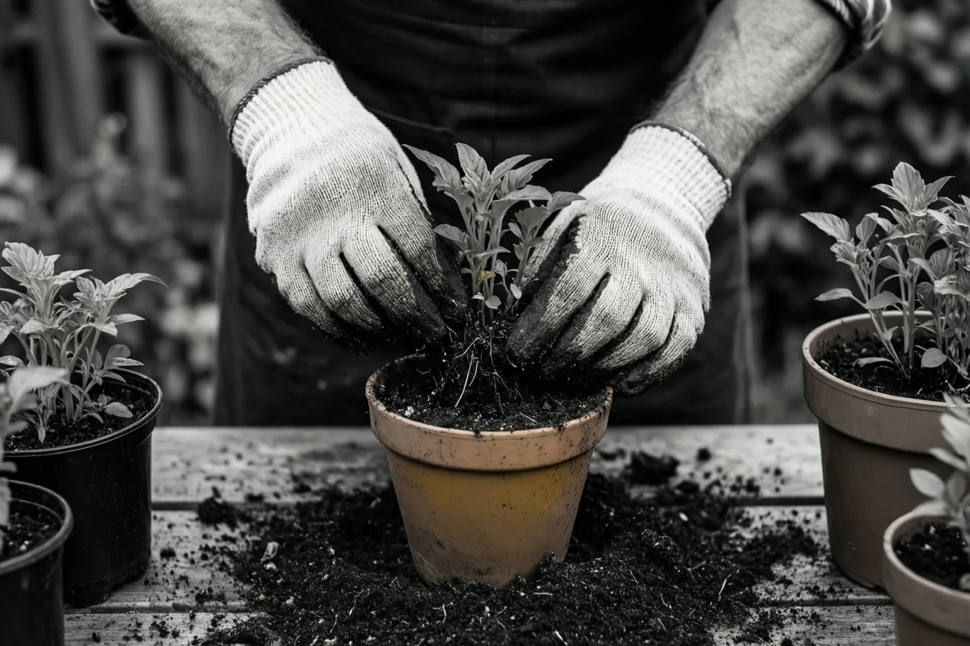 Iemand met tuinhandschoenen plant een klein plantje in een terracotta pot op een houten tafel tussen andere potplanten, op een zwart-witbeeld waarin de terracotta pot zijn kleur behoudt.
