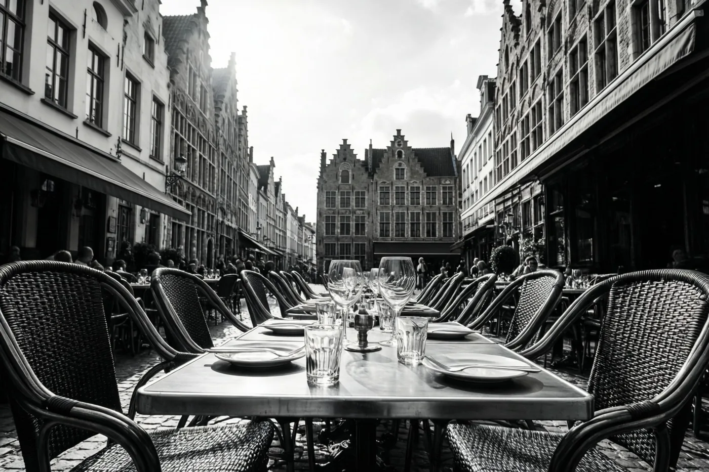 Een zwart-witfoto toont gedekte terrastafels in een smalle Vlaamse straat tussen historische gebouwen onder een bewolkte hemel.