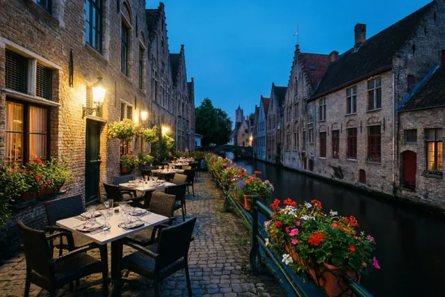 Op een terras met kasseien langs het water in een oud Vlaams stadje staan tafels, stoelen en bloembakken onder een diepblauwe schemerlucht in warm avondlicht.
