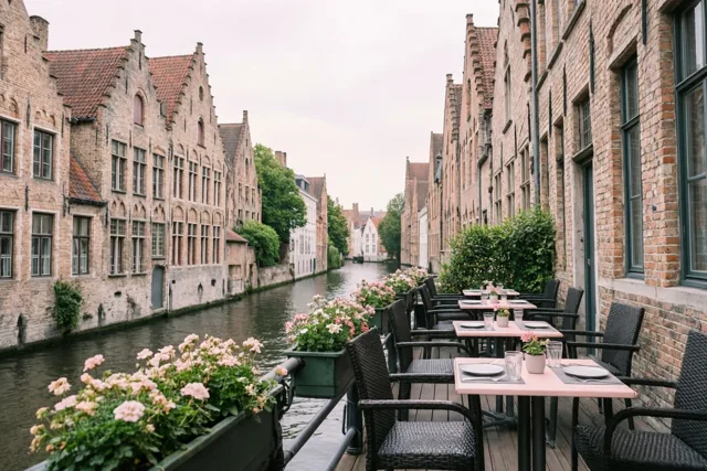 Gedekte tafels en bloembakken met zachtroze bloemen staan op een terras langs rustig water bij bakstenen gebouwen in een oud Vlaams stadje onder een bewolkte hemel.