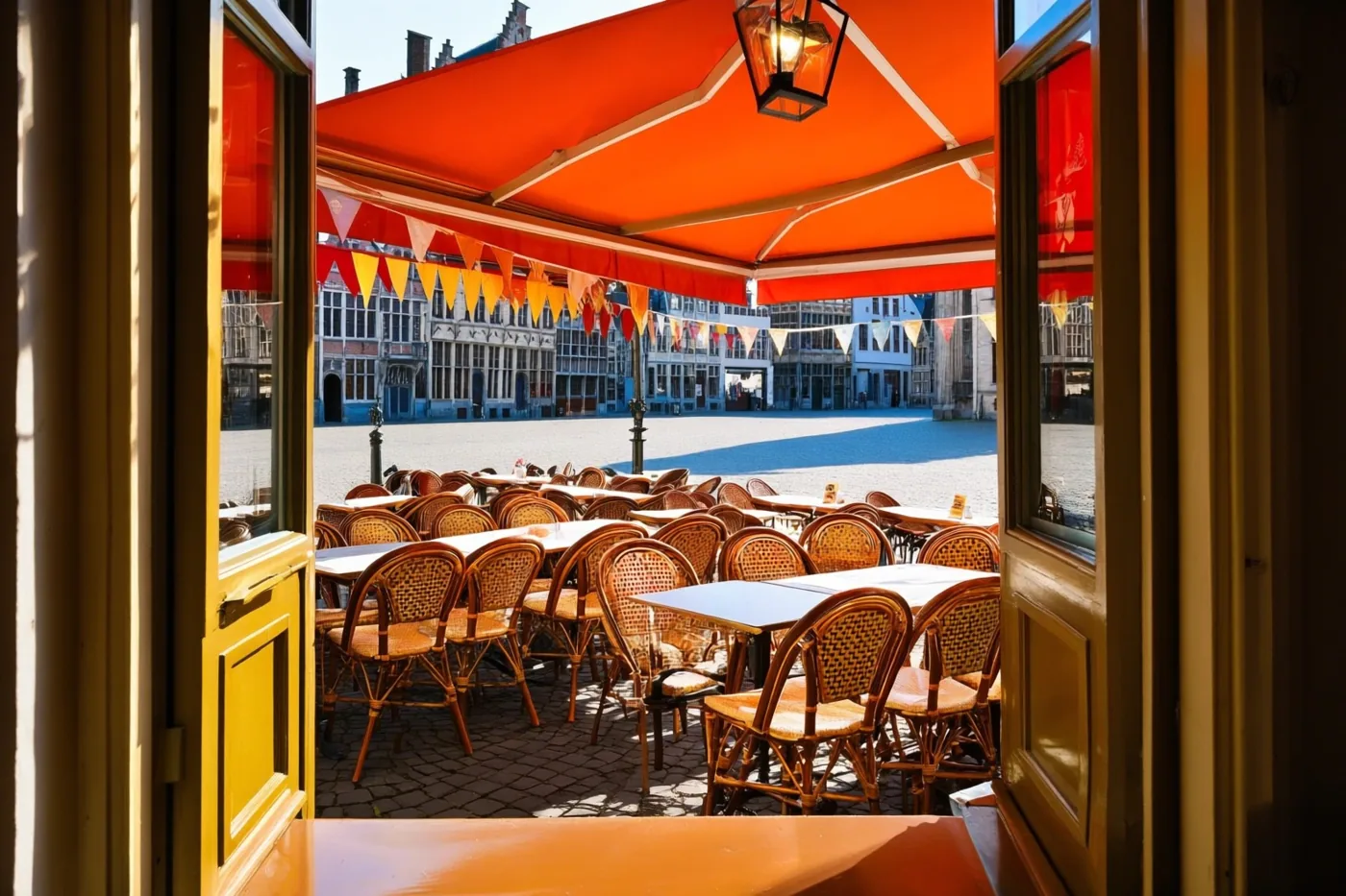 Vanuit een café is een zonnig terras op een plein te zien, met tafels en stoelen onder een groot oranje zonnescherm en kleurrijke vlaggetjes.