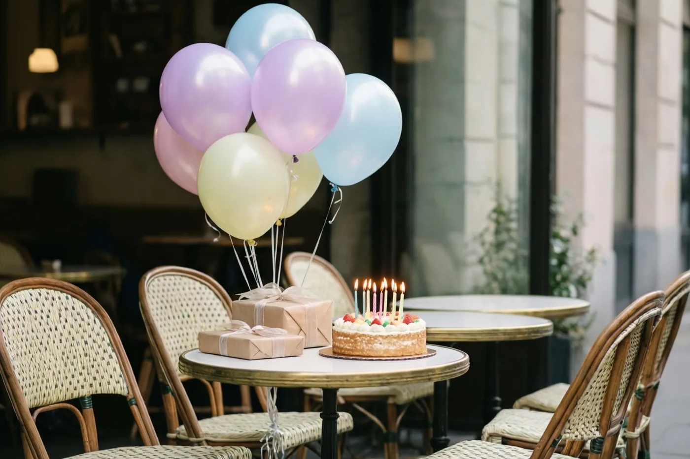 Op een caféterras staat een tafel met een verjaardagstaart met brandende kaarsjes, pastelballonnen en twee ingepakte cadeaus, omringd door rieten stoelen met een wazig café-interieur op de achtergrond.