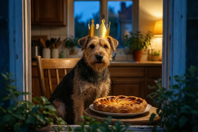 Een ruwharige terriër met een gouden papieren kroon zit op een houten keukenstoel naast een frangipanetaart op een bord, in een keuken met warm licht en zachte blauwe en gouden tinten.