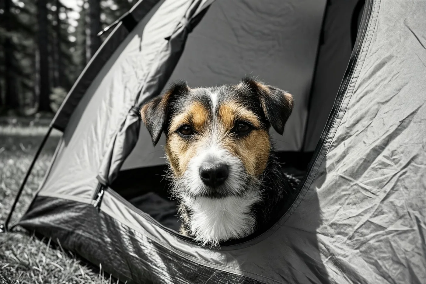 Een wit-bruin-zwarte jackrussellterriër steekt zijn kop uit een grijze kampeertent op een zonnige open plek in het bos.