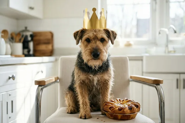 Een ruwharige terriër met een gouden papieren kroon zit op een keukenstoel naast een frangipanetaart in een lichte, moderne keuken met witte kasten.