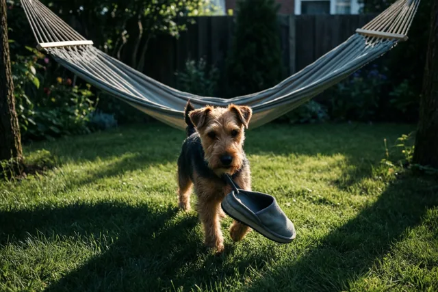 Een terriër draagt een grijze pantoffel over een zonnig gazon, met een grijze hangmat tussen twee bomen op de achtergrond en zonnevlekken in de tuin.