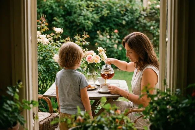 Een vrouw schenkt thee aan een houten tuintafel terwijl een klein kind van achteren naast haar te zien is, omringd door bloeiende rozen en groen.