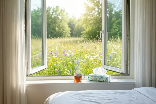 Een open slaapkamerraam geeft uitzicht op een zonnige weide vol wilde bloemen, met een mok thee en een doos zakdoekjes op de vensterbank.