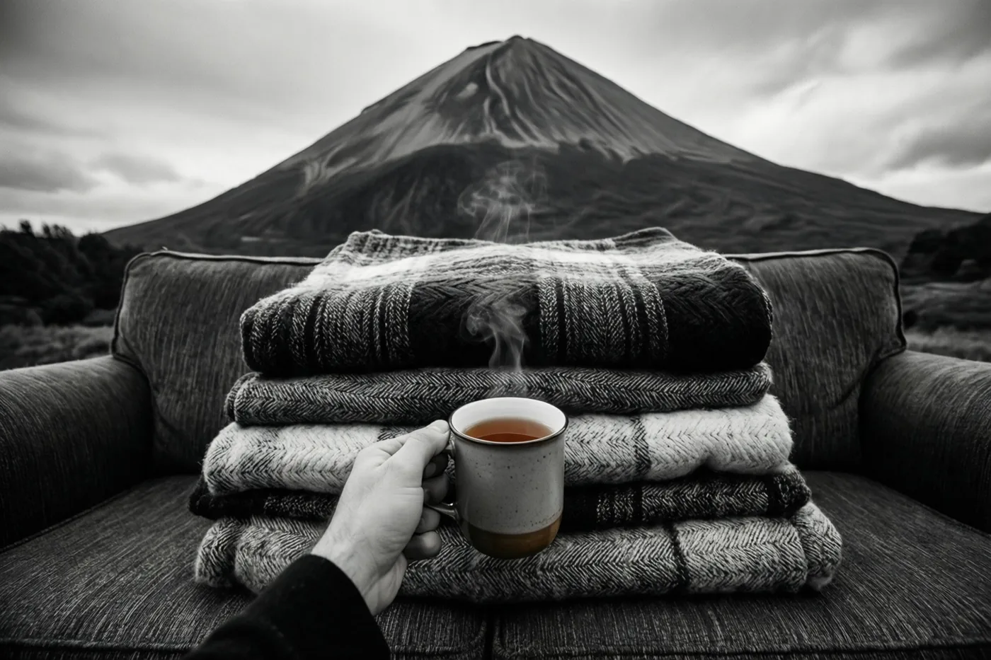 Een hand houdt een dampende mok thee boven vijf opgevouwen dekens op een zetel, met een grote berg op de achtergrond en alleen de thee in kleur in een verder zwart-witbeeld.