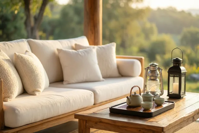 Een houten salontafel met een theeblad, theepot, kopjes en twee lantaarns staat voor een beige zetel op een veranda, met een wazig groen landschap in gouden licht.