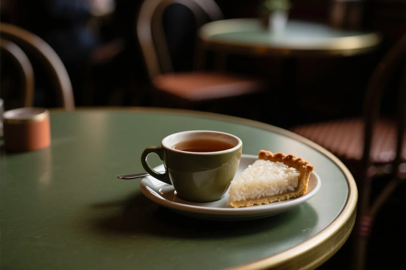 Een kop thee en een stuk rijsttaart staan op een groene tafel in een schaars verlicht café met houten stoelen op de achtergrond.