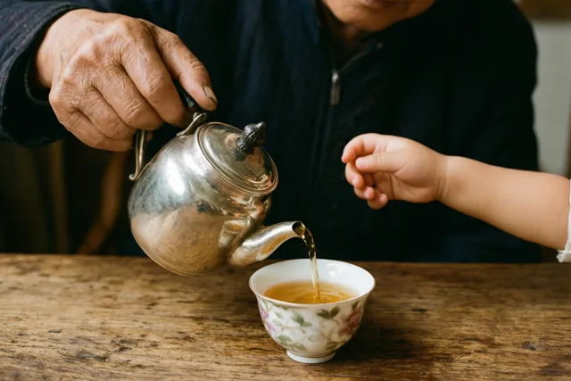 Een gerimpelde hand schenkt thee uit een zilveren theepot in een kopje met bloemen op een houten tafel, terwijl een kinderhand naar het kopje reikt.