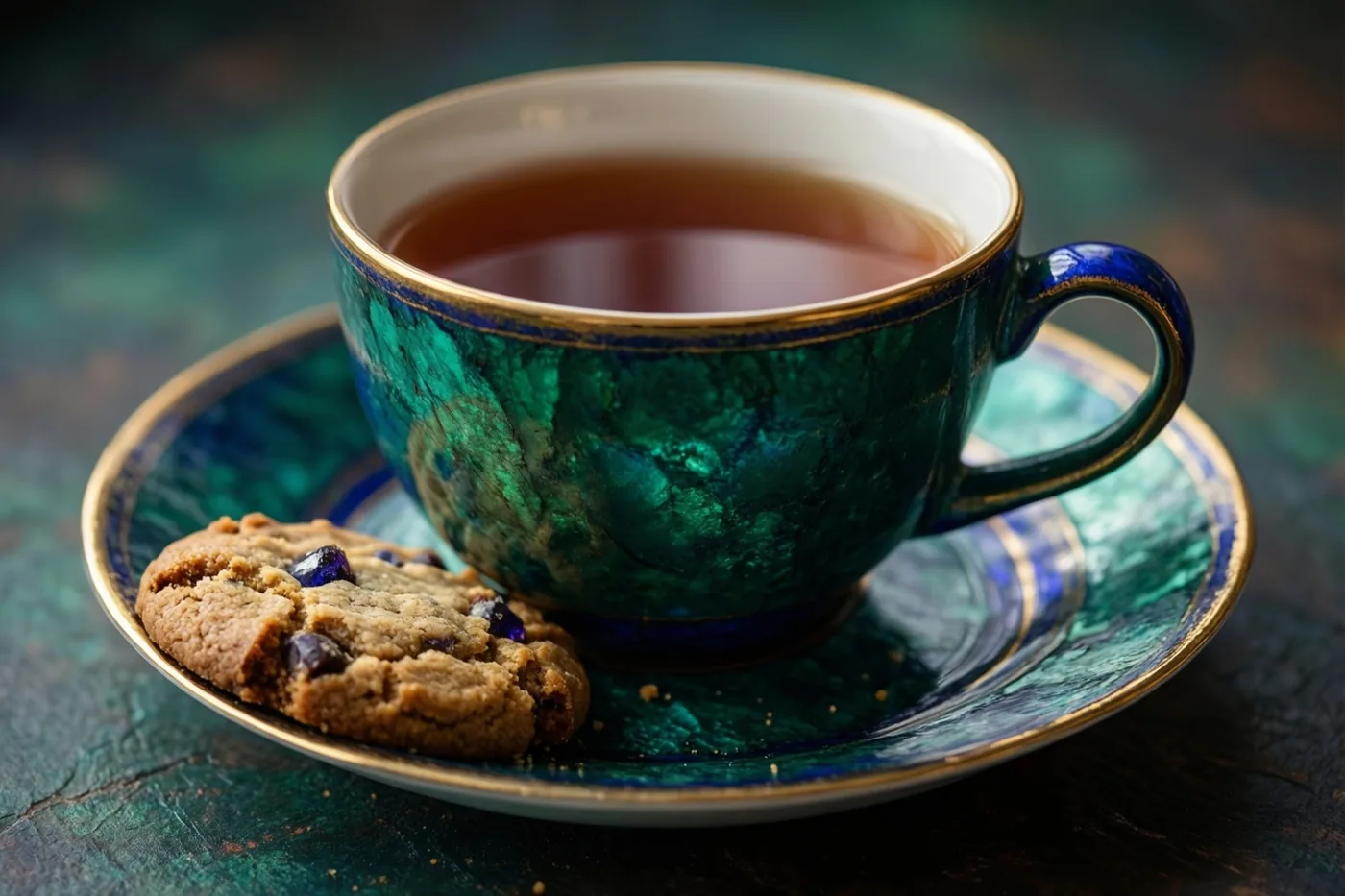 Een kop thee en een deels opgegeten zelfgebakken koekje rusten op een bijpassende schotel met groen-blauw gemarmerd glazuur op een donkere ondergrond.