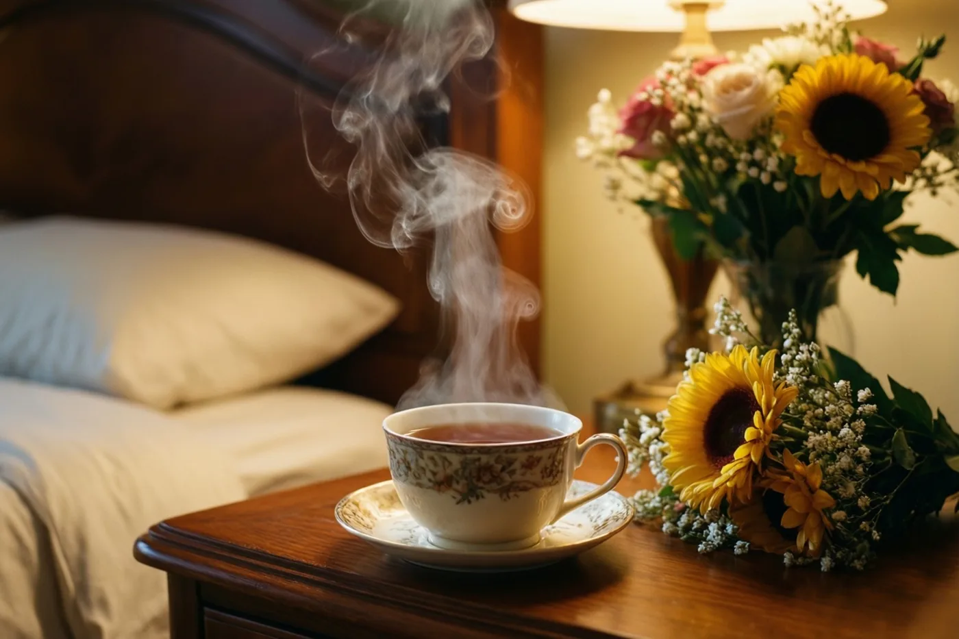 Een dampende kop thee staat op een houten nachtkastje naast een boeket zonnebloemen en gipskruid, met een bed en een lamp op de achtergrond.