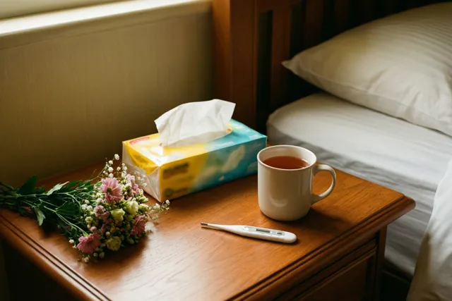 Een houten nachtkastje naast een wit opgemaakt bed draagt een doos zakdoekjes, een mok thee, een thermometer en een boeketje roze en witte bloemen.