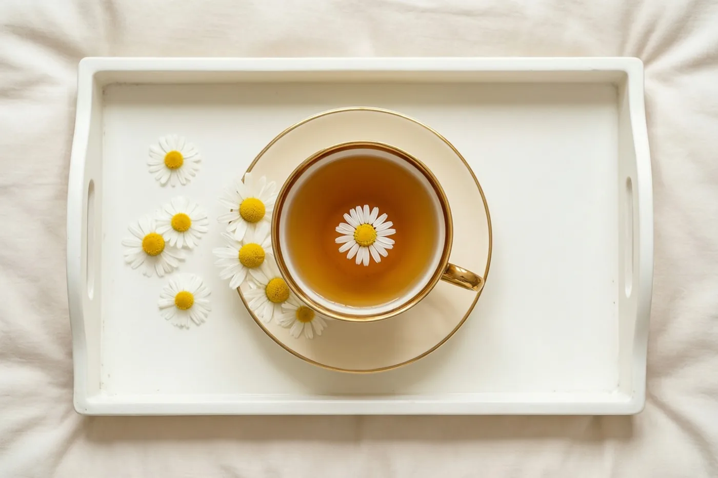 Van bovenaf is een theekop met gouden rand te zien met amberkleurige kamillethee en een drijvende kamillebloem, op een wit dienblad met meer kamillebloemen op een lichte stof.