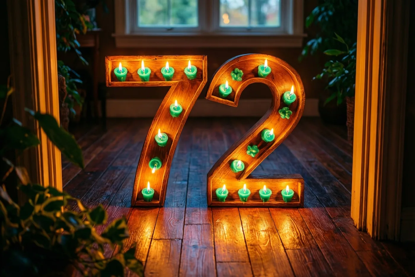 Brandende theelichtjes vormen 72 op een donkere houten vloer, met planten en een raam op de achtergrond.