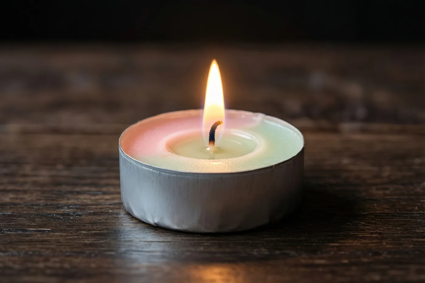 Een brandend theelichtje in een zilverkleurig metalen houdertje staat op een donkere houten tafel en verspreidt zacht licht.