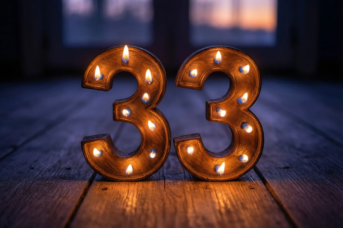 Brandende theelichtjes vormen het getal 33 op een donkere houten vloer, met een onscherp raam in schemerkleuren op de achtergrond.