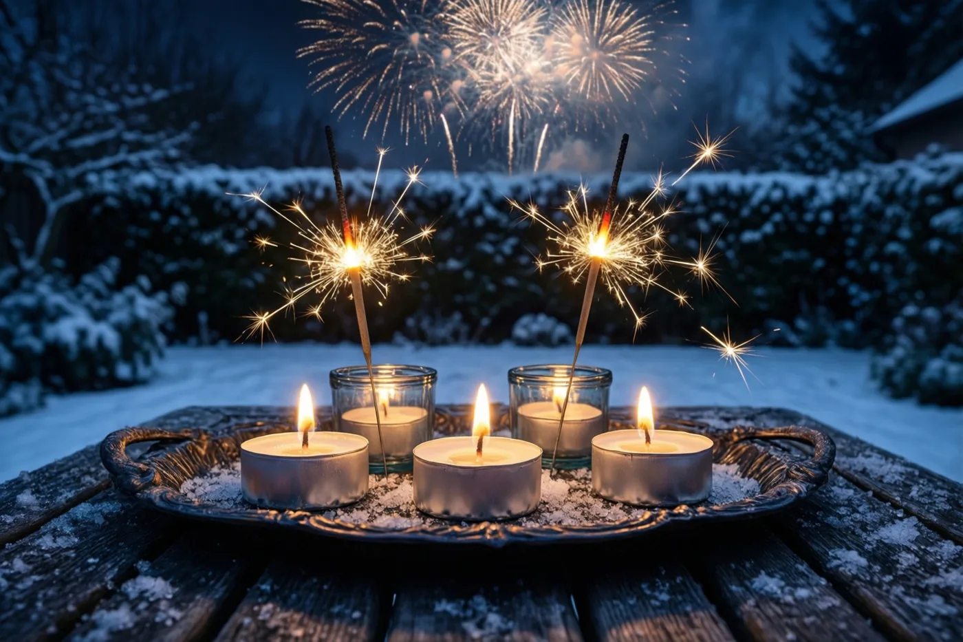 Een dienblad met brandende theelichtjes en sterretjes staat 's nachts op een besneeuwde tuintafel, met vuurwerk boven een besneeuwde haag.