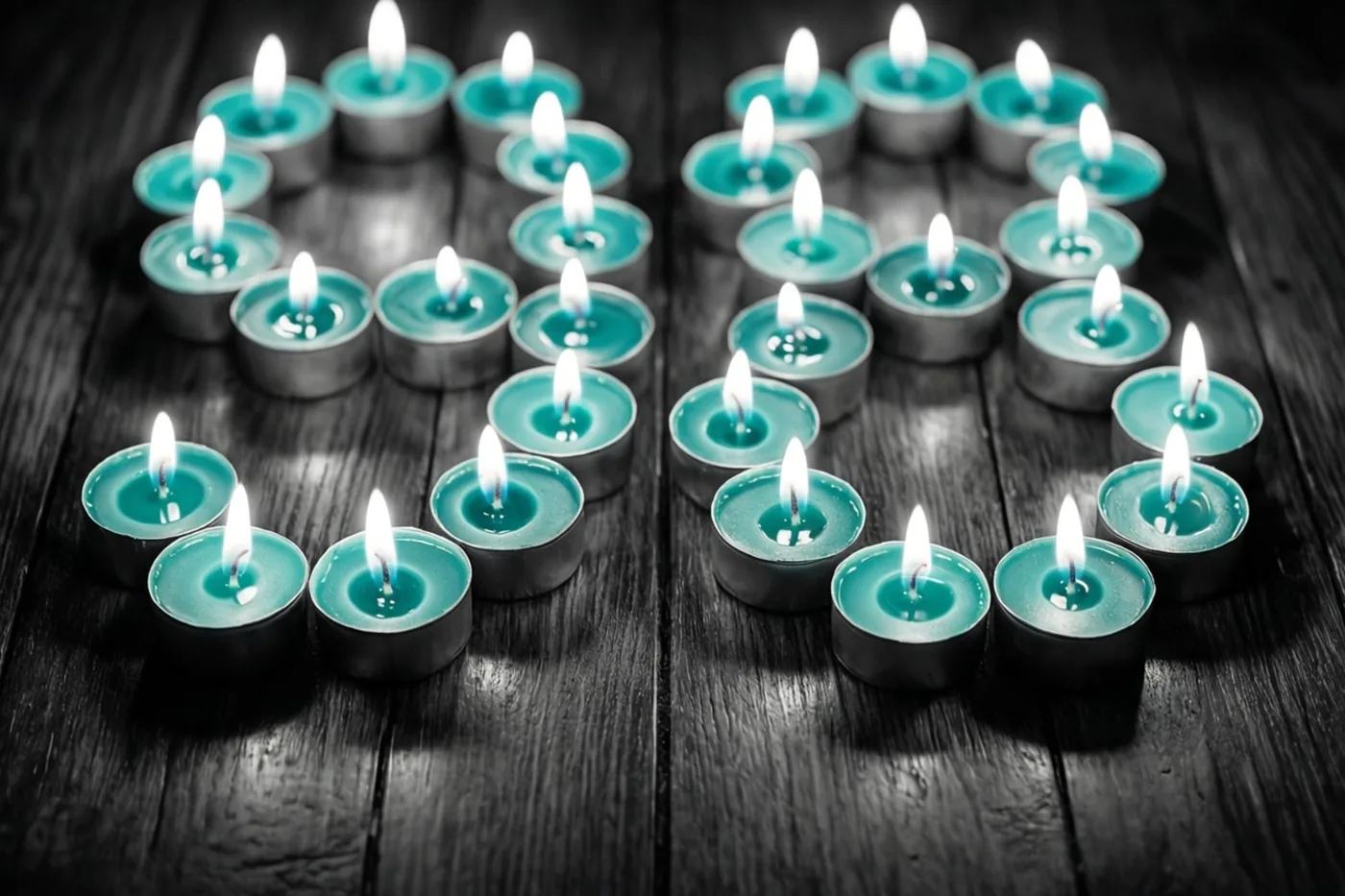 Brandende theelichtjes vormen 98 op een donkere houten vloer in een beeld met vooral blauwgroene en zwarte tinten.