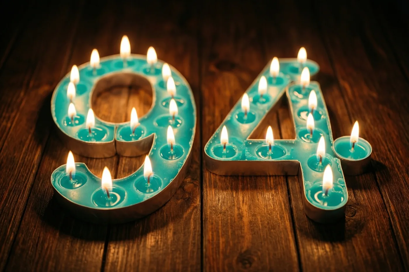 Brandende theelichtjes in turquoise houders vormen 94 op een donkere houten vloer.