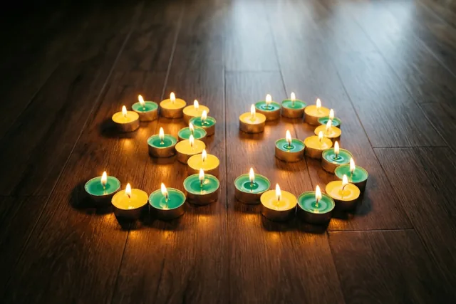 Brandende theelichtjes met groene accenten aan de houders vormen het getal 33 op een donkere houten vloer.