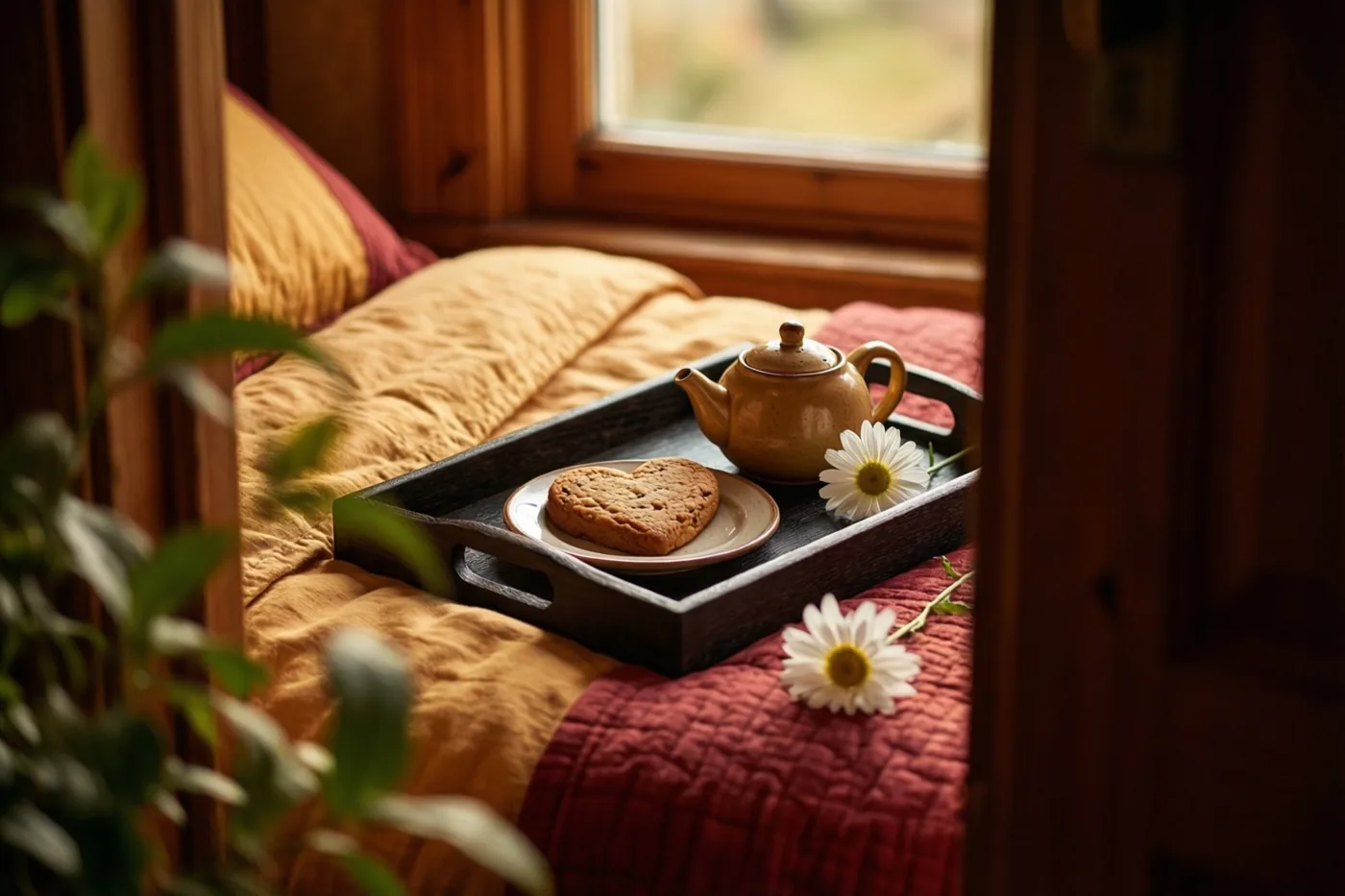 Een houten dienblad met een kleine theepot, een hartvormig koekje op een bord en een margriet staat op een bed met een geel-rood dekbed in warm raamlicht.