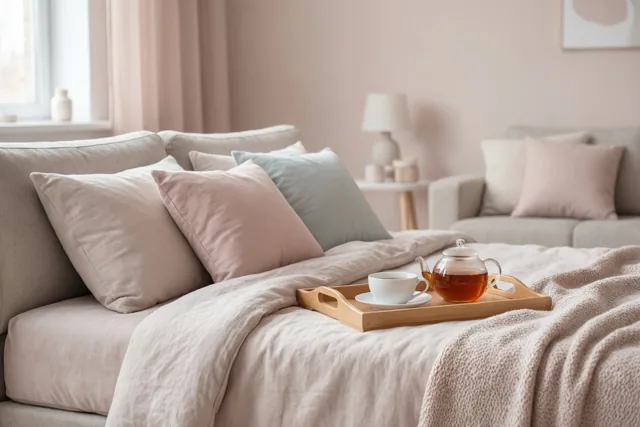 Een als bed ingerichte zetel met kussens, een deken en een houten dienblad met een theepot en kop staat in een zacht verlichte woonkamer met pastelroze muren en gordijnen.