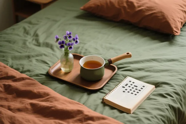 Op een bed met groene lakens en roestkleurige kussens staat een houten dienblad met een groene theepot, paarse viooltjes in een glazen vaasje en een open kruiswoordraadselboek.