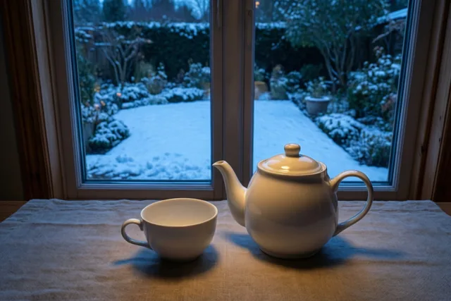 Een witte porseleinen theepot en een kopje staan op beige linnen bij een hoog raam, met zicht op een besneeuwde tuin onder een schemerhemel in blauwe tinten.