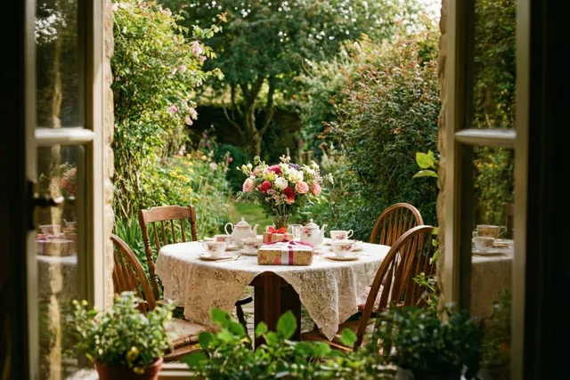 Door een open deuropening is een tafel voor de namiddagthee te zien in een groene landelijke tuin, met een boeket en een ingepakt cadeau op tafel.