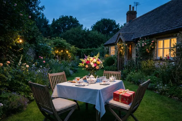 Een tuintafel met theeservies, een boeket en een rode geschenkdoos staat bij schemering in warm licht, met een stenen huisje op de achtergrond.