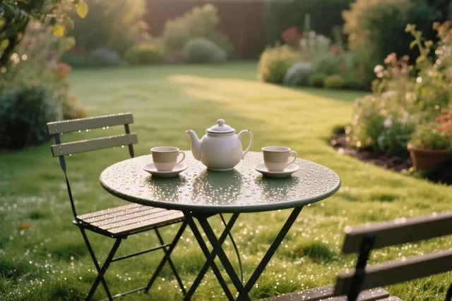Een tuintafel met een witte theepot en twee kopjes staat op een bedauwd groen gazon tussen weelderig blad in zacht ochtendlicht.