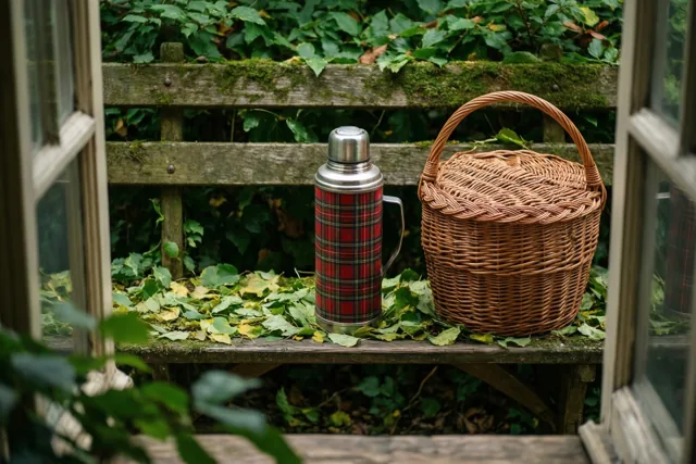 Door een raam zie je een oude geruite thermos en een rieten mand op een houten bank met gevallen bladeren, in een groene tuin met bemost hout.