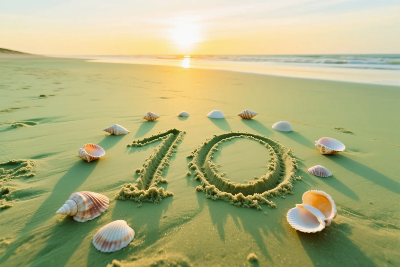 Het getal 10 is in het strandzand getekend tussen schelpen, met een kalme zee op de achtergrond bij een goudkleurige zonsondergang.