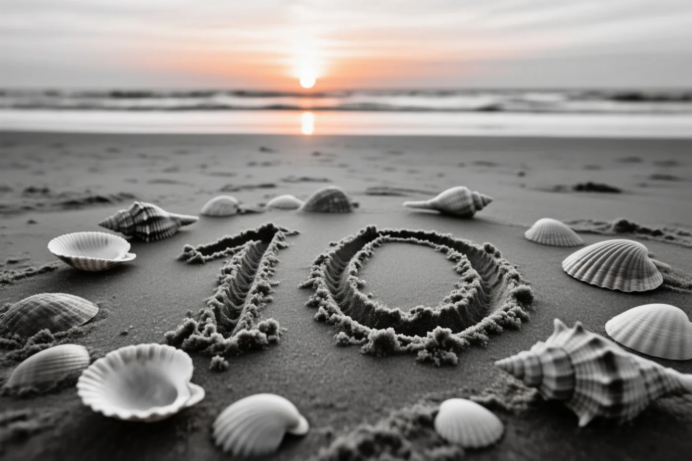 Het getal 10 staat in strandzand tussen schelpen op een grotendeels zwart-witbeeld, met een oranje gloed van de ondergaande zon op de achtergrond.