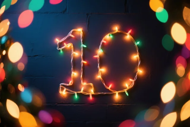 Lichtslingers vormen het getal 10 tegen een donkere bakstenen muur, omringd door onscherpe gekleurde feestlichtjes.