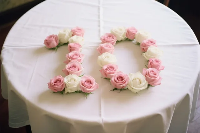 Van bovenaf zijn roze en witte rozen te zien die het getal 10 vormen op een wit tafelkleed.