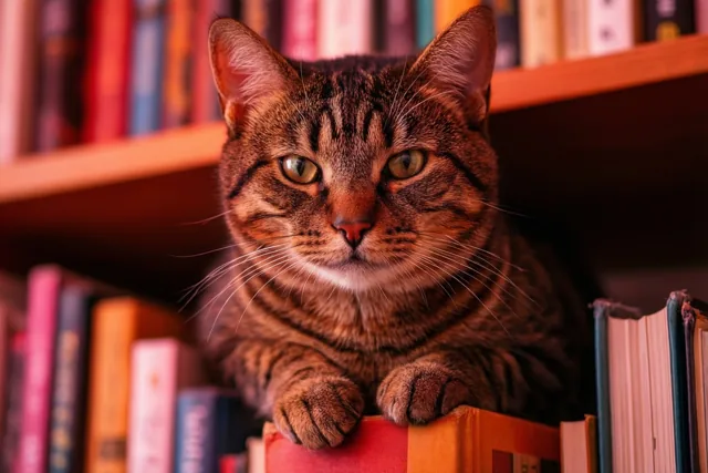 Een tijgerkat zit boven op een boekenkast en kijkt rustig recht naar de camera in warm licht met rode, oranje en bruine tinten.