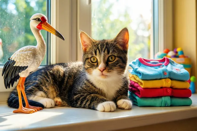 Een tijgerkat ligt in warm zonlicht op een vensterbank naast een ooievaarsbeeldje en opgevouwen babybody's, met een lichte onscherpe achtergrond buiten.