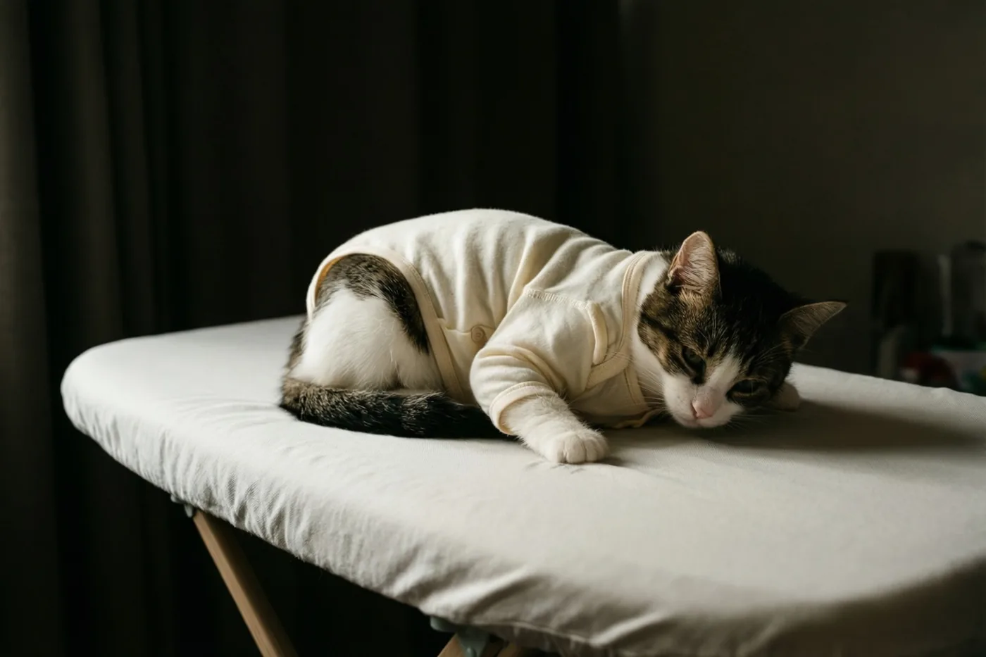 Een tijgerkat in een klein wit babypakje ligt op een witte verzorgingstafel in zacht licht, met donkere gordijnen op de achtergrond.