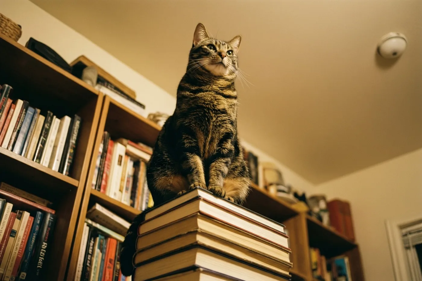 Een tijgerkat zit rechtop op een hoge stapel boeken en kijkt aandachtig omhoog, met gevulde houten boekenkasten achter zich in een warm verlichte kamer.
