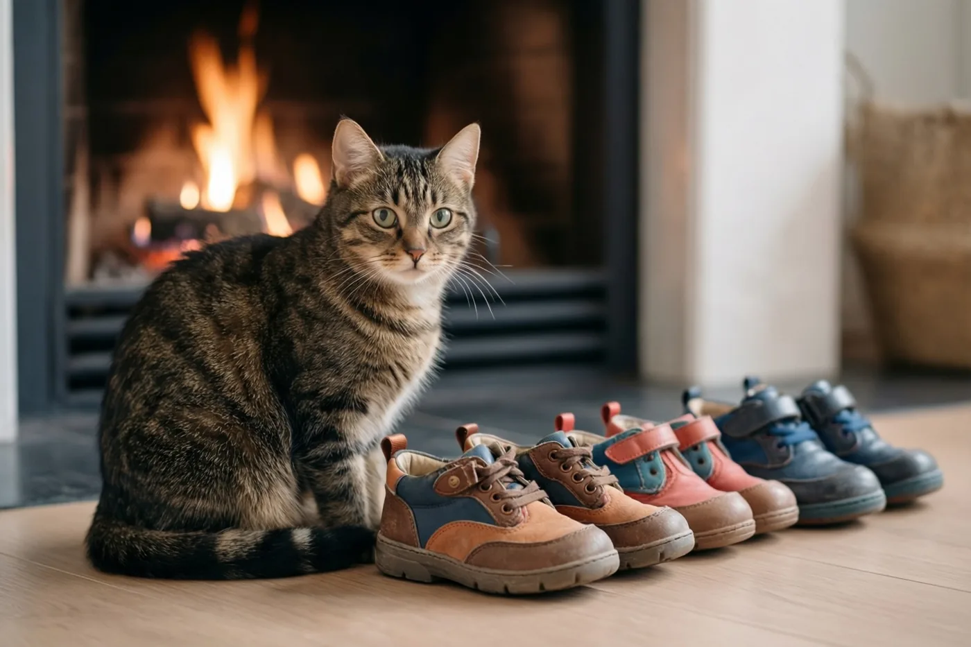 Een tijgerkat zit op een houten vloer naast een rij kinderschoenen, met een brandende haard op de achtergrond.