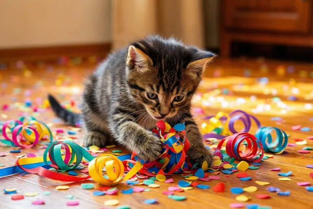 Een klein tijgerkatje speelt met kleurrijke krullinten en confetti op een houten vloer, met vooral rood, geel en blauw in beeld.
