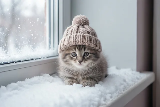 Een pluizig tijgerkatje met een wollen muts met pompon zit binnen op een besneeuwde vensterbank en kijkt door het raam.
