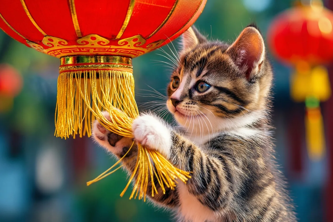 Een klein tijgerkatje speelt met de gouden kwastjes van een rode Chinese lantaarn, met wazig groen en een tweede lantaarn op de achtergrond.